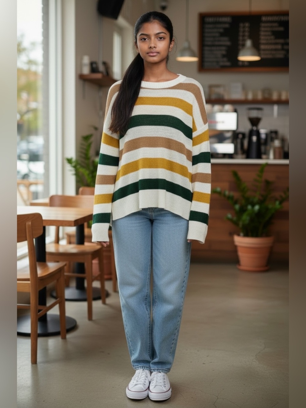 Striped Crewneck Sweater in Ivory, Mustard & Forest
